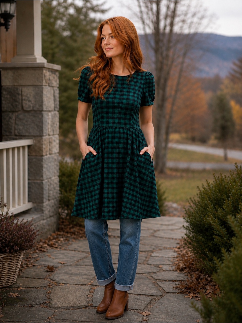 NWT Tulip B Green Navy Plaid Flannel Short-Sleeve Fit & Flare Mini Dress Pockets - Picture 6 of 10